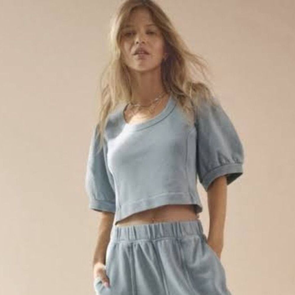 Aerie Cropped Seams Right Puff Short Sleeves Sweatshirt Blue Size L